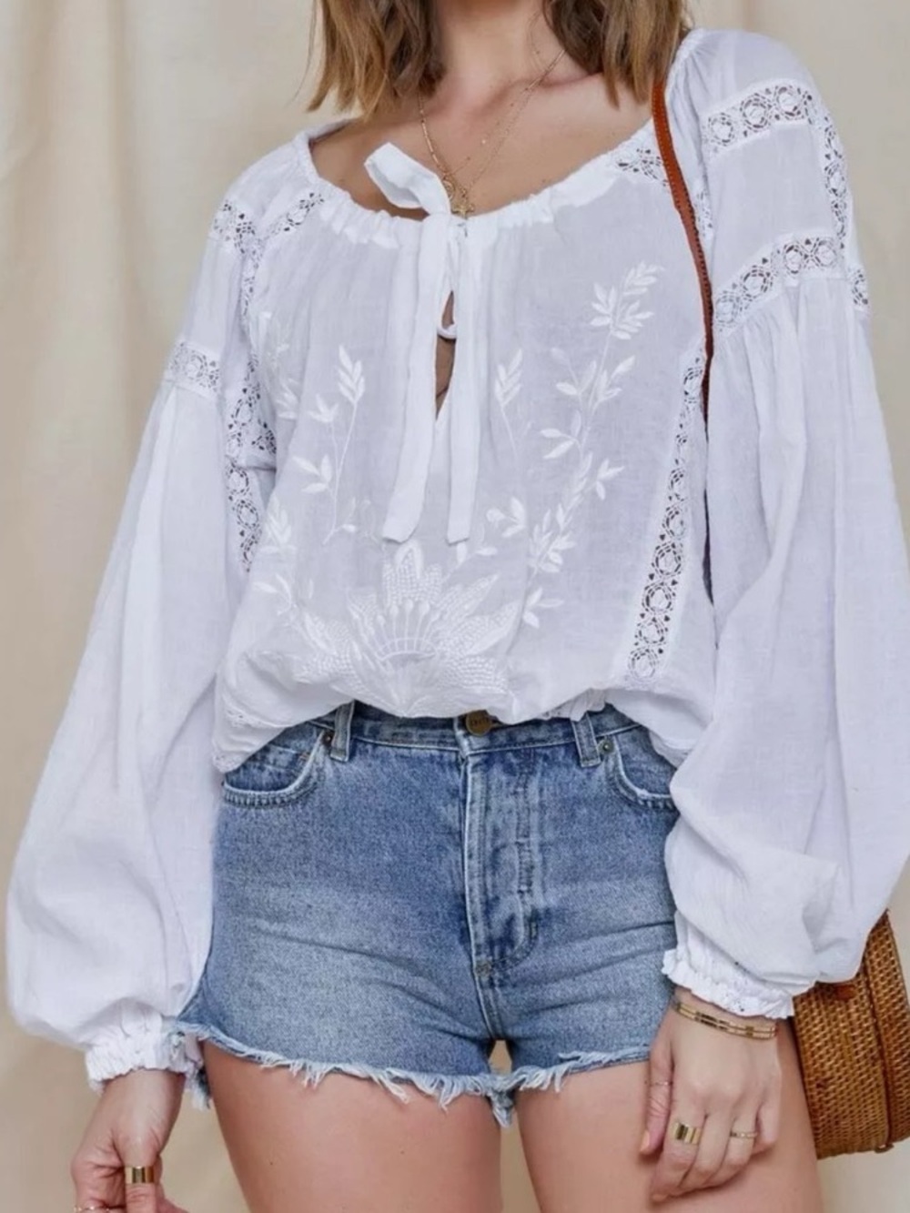Free People Maria Maria Embroidered Boho Peasant White Blouse